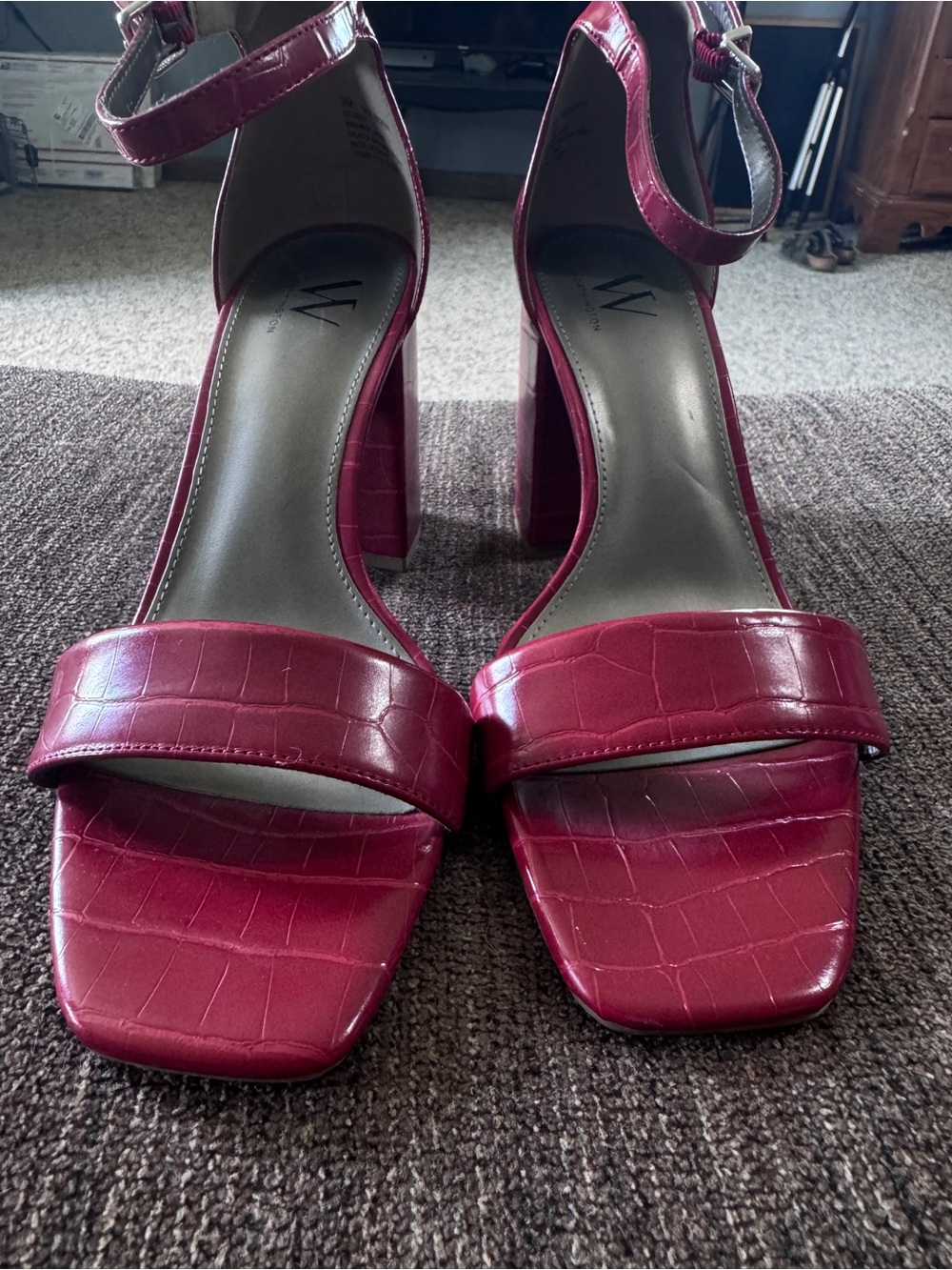 Worthington Croc-Embossed Wine/Red Block Heel Sandals